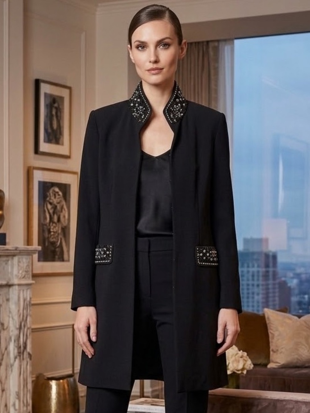 NEW Bellessa Jewel Embellished Black Ponte Jacket Size 8